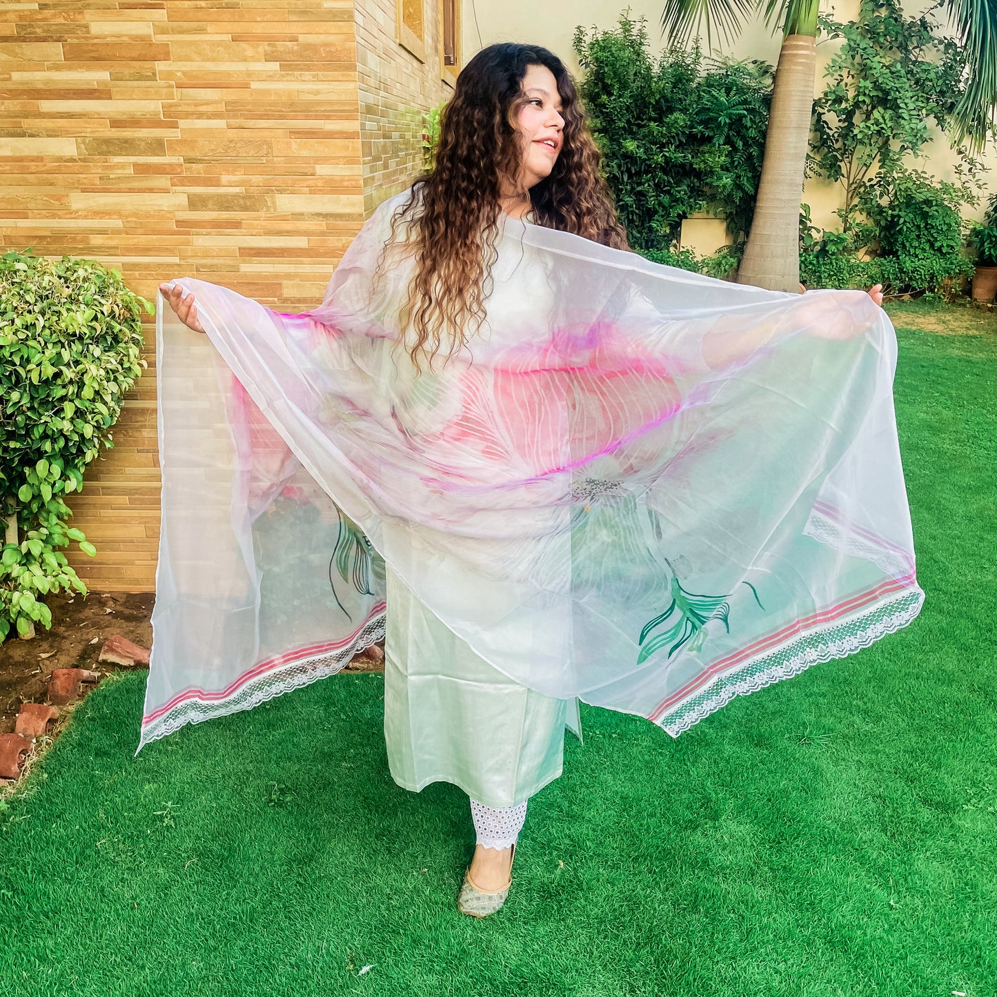 White Lined Blossoms Organza Dupatta