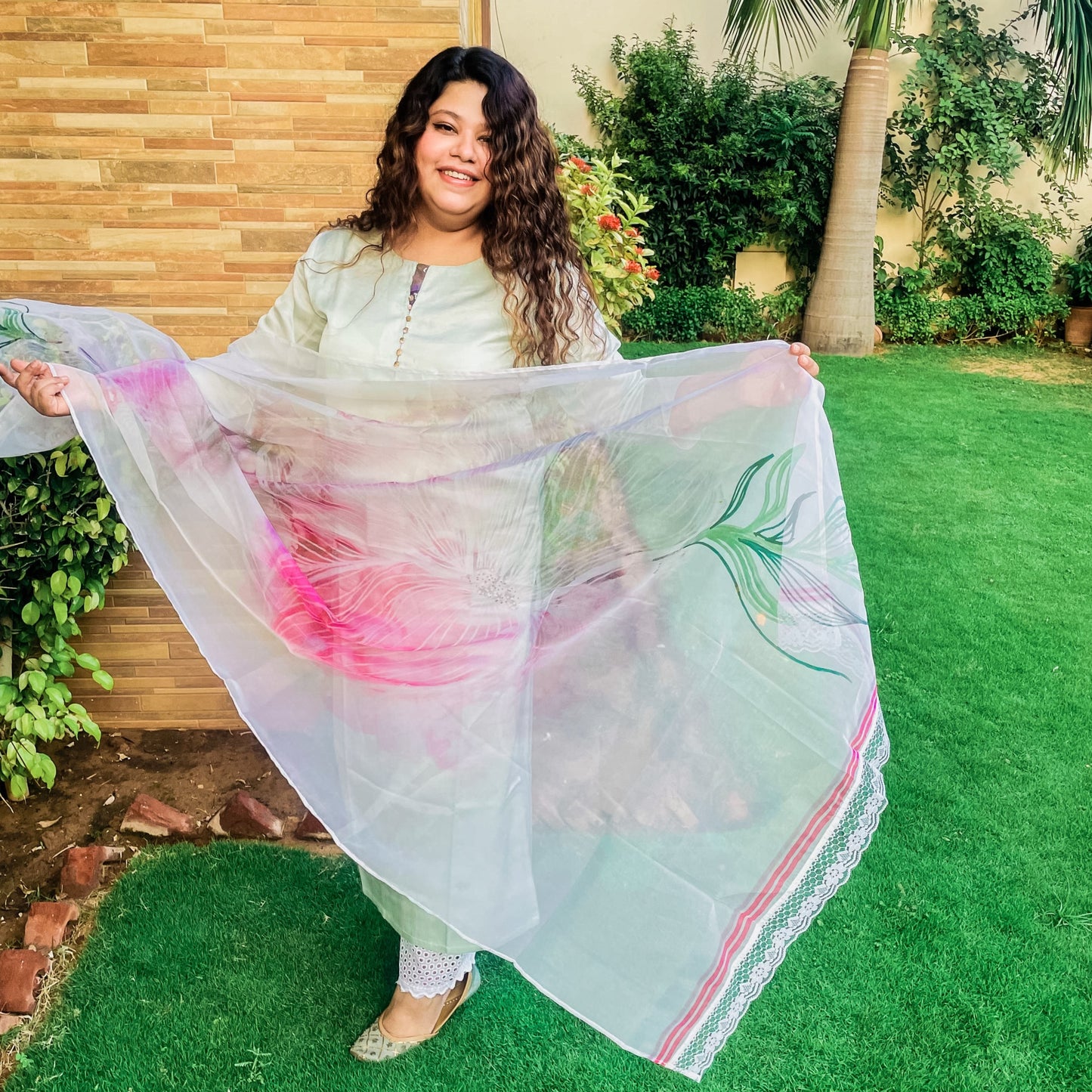 White Lined Blossoms Organza Dupatta